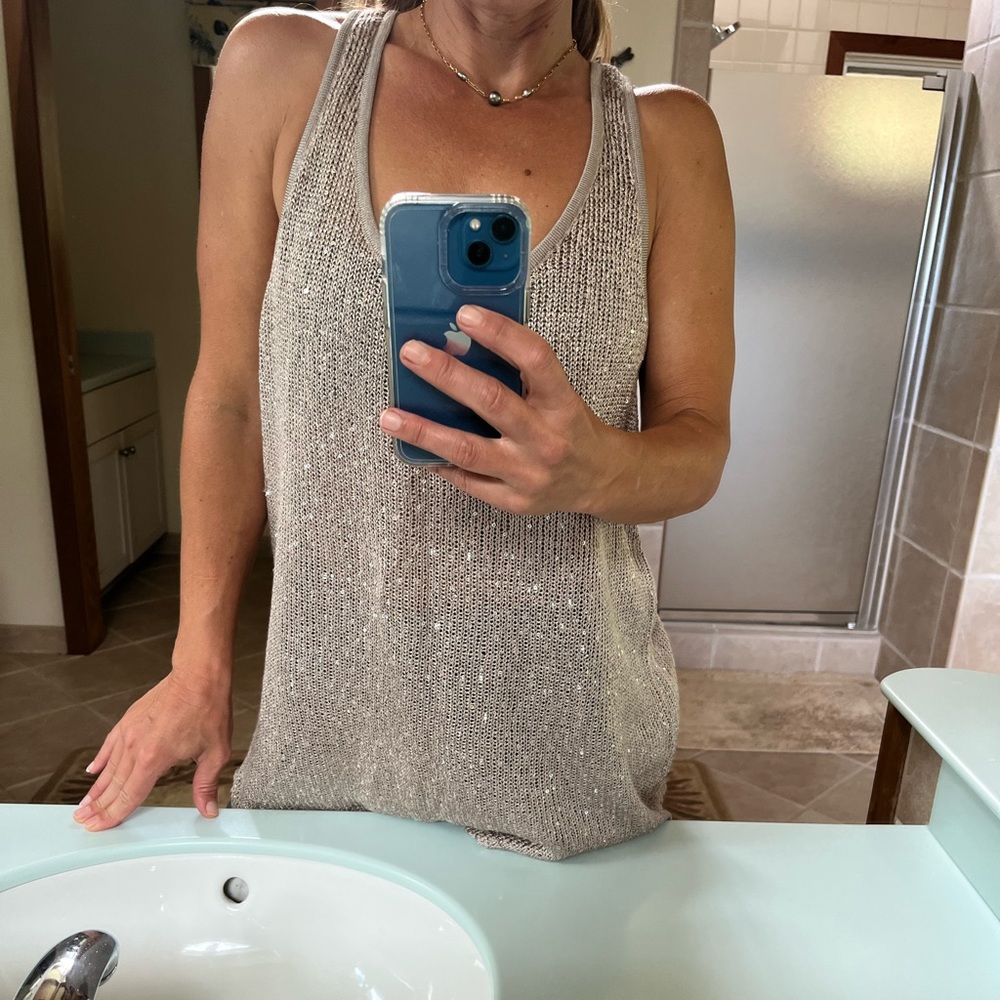 Sequence knit tank top, super cute with a low cut neckline.